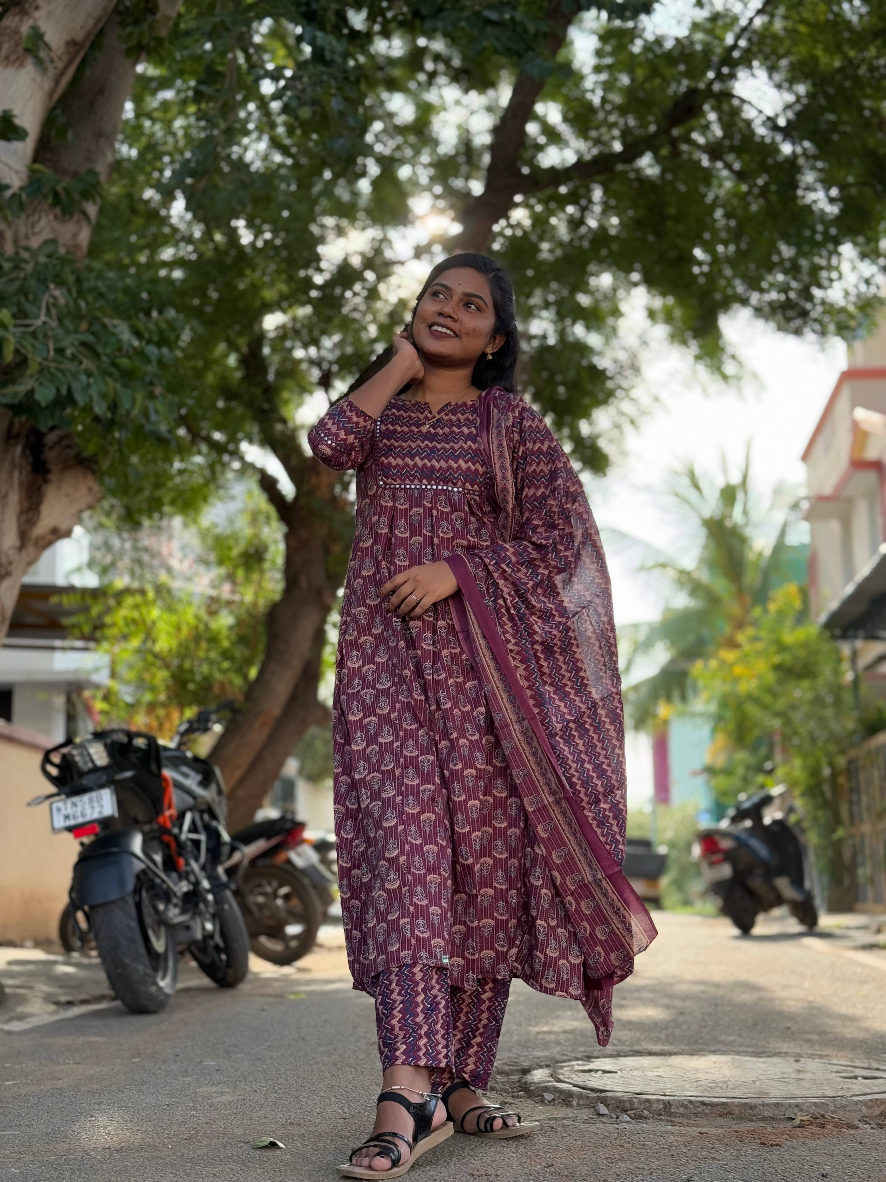 Rajnandini Women Cotton Blend Printed A-line Kurti With Pants ( Wine ) Rajnandini Women Cotton Blend Printed A-line Kurti With Pants ( Wine )