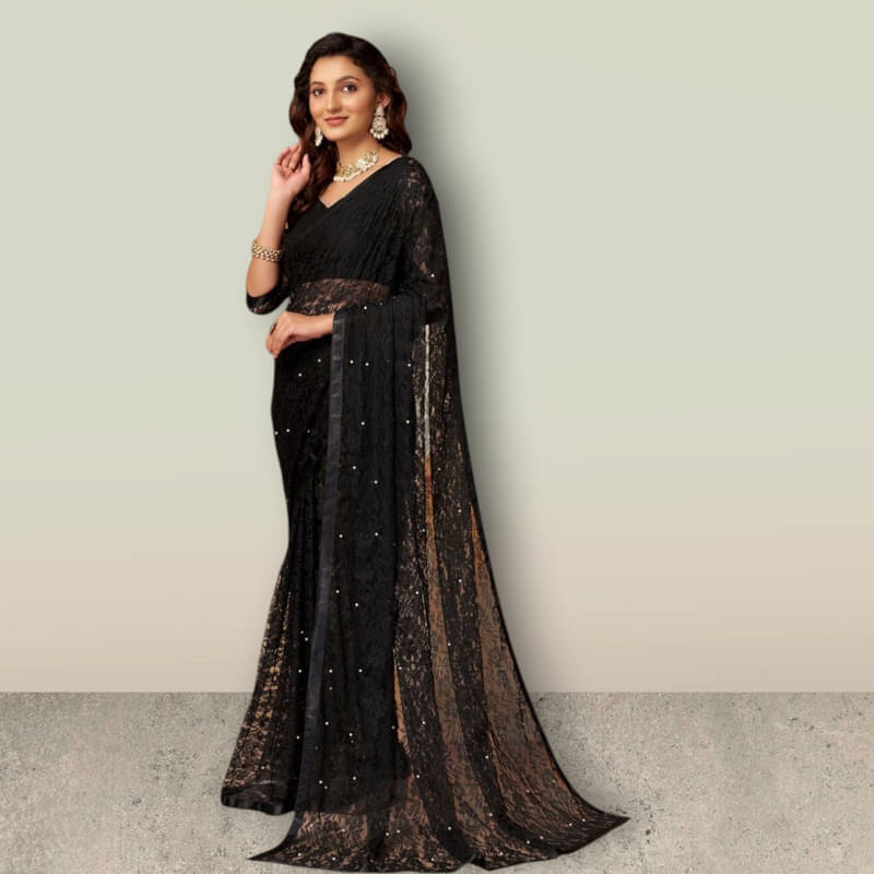     			SHRINGARAA Net Self Design Regular Saree With Unstitched Blouse Piece ( Black )
