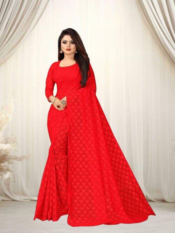 SHRINGARAA Net Self Design Regular Saree With Unstitched Blouse Piece ( Red ) SHRINGARAA Net Self Design Regular Saree With Unstitched Blouse Piece ( Red )