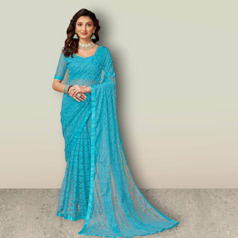 SHRINGARAA Net Self Design Regular Saree With Unstitched Blouse Piece ( Sky Blue ) SHRINGARAA Net Self Design Regular Saree With Unstitched Blouse Piece ( Sky Blue )