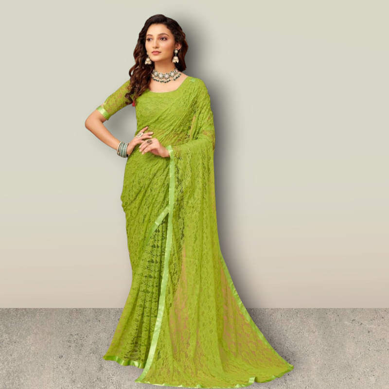     			SHRINGARAA Net Self Design Regular Saree With Unstitched Blouse Piece ( Lime Green )