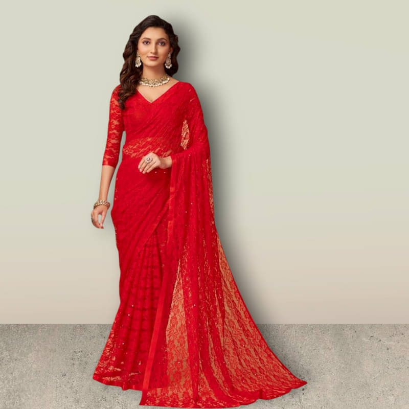     			SHRINGARAA Net Self Design Regular Saree With Unstitched Blouse Piece ( Red )