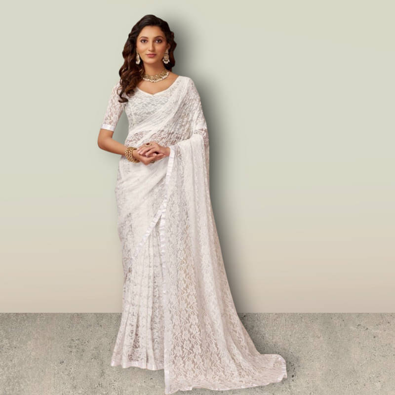     			SHRINGARAA Net Self Design Regular Saree With Unstitched Blouse Piece ( White )