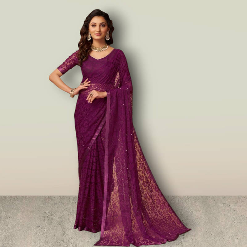     			SHRINGARAA Net Self Design Regular Saree With Unstitched Blouse Piece ( Wine )