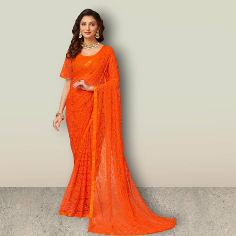     			SHRINGARAA Net Self Design Regular Saree With Unstitched Blouse Piece ( Orange )