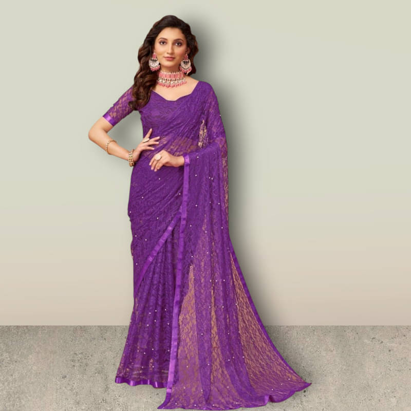 SHRINGARAA Net Self Design Regular Saree With Unstitched Blouse Piece ( Purple ) SHRINGARAA Net Self Design Regular Saree With Unstitched Blouse Piece ( Purple )