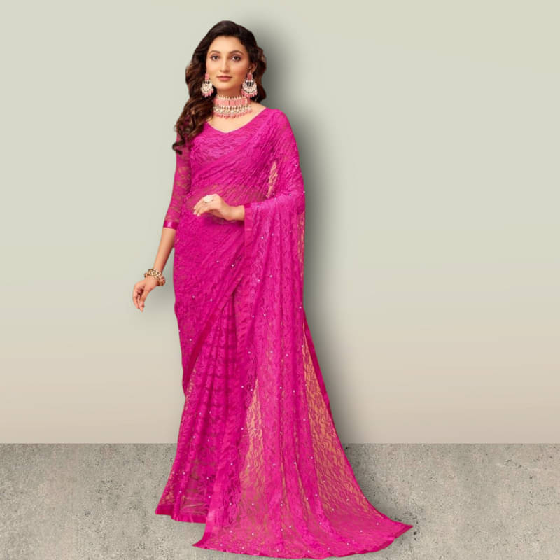     			SHRINGARAA Net Self Design Regular Saree With Unstitched Blouse Piece ( Rani )