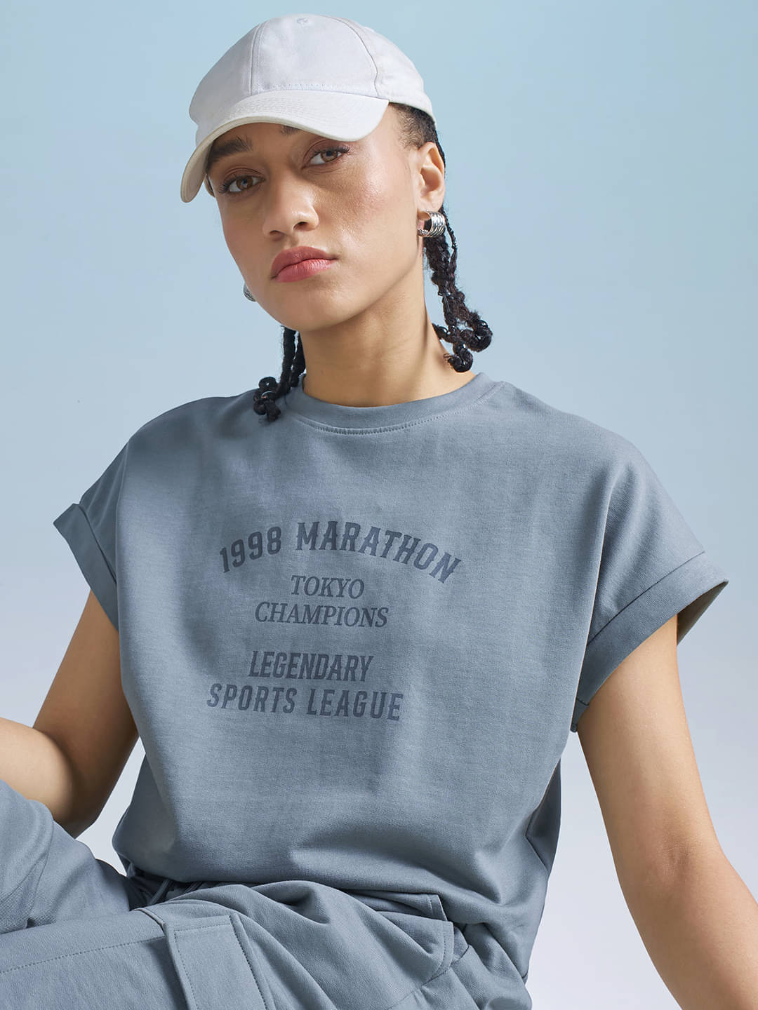     			Tokyo Talkies Women Cotton Oversized Fit Round Neck T-Shirt ( Blue )