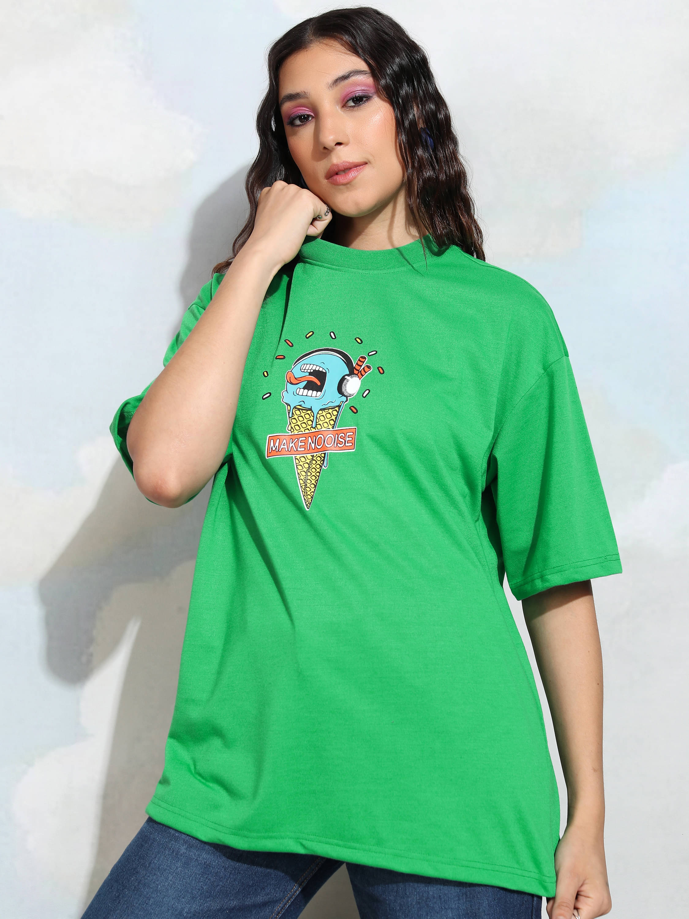 Tokyo Talkies Women Polyester Oversized Fit Round Neck T-Shirt ( Green )     			Tokyo Talkies Women Polyester Oversized Fit Round Neck T-Shirt ( Green )