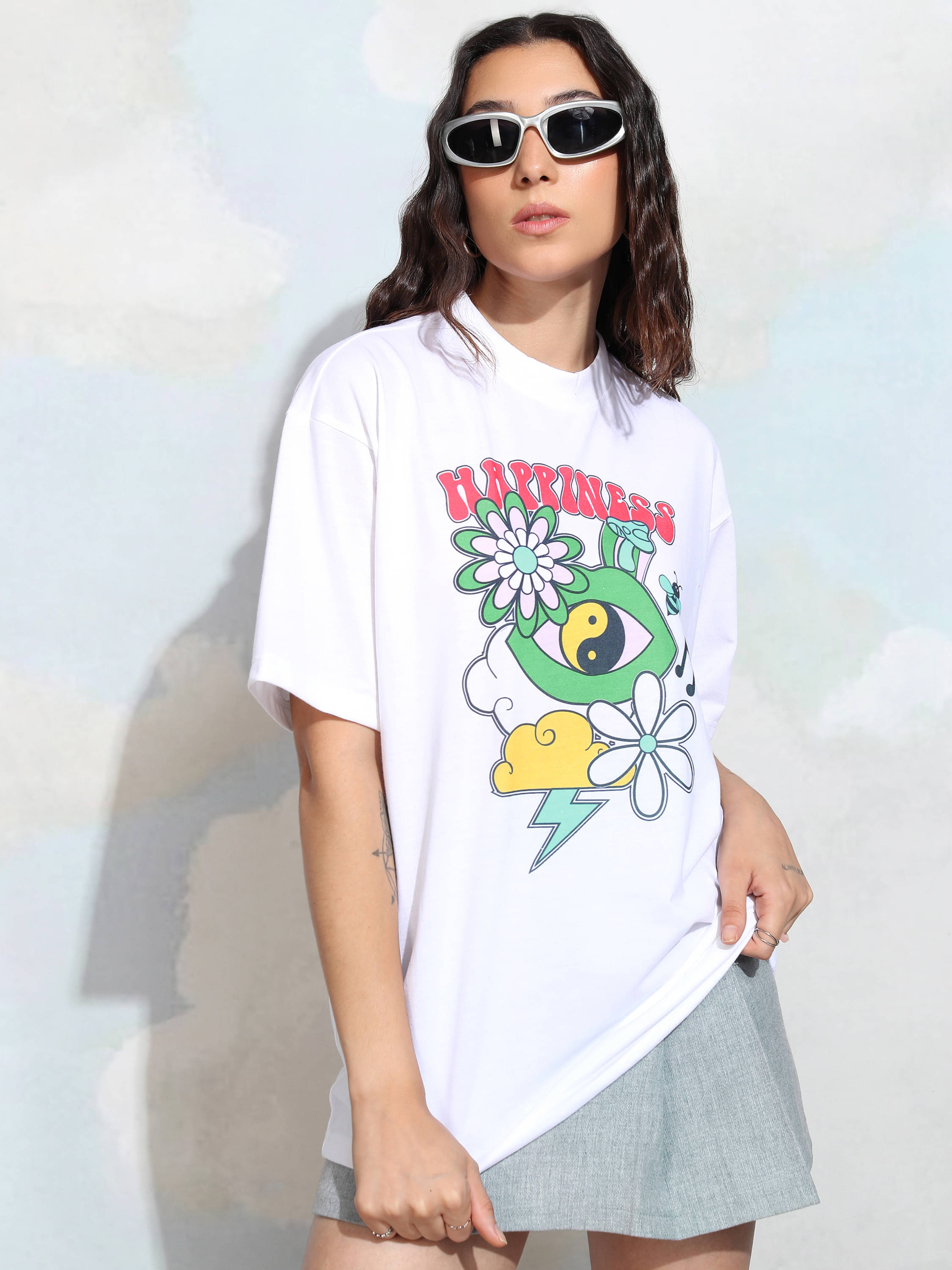 Tokyo Talkies Women Polyester Oversized Fit Round Neck T-Shirt ( White )     			Tokyo Talkies Women Polyester Oversized Fit Round Neck T-Shirt ( White )