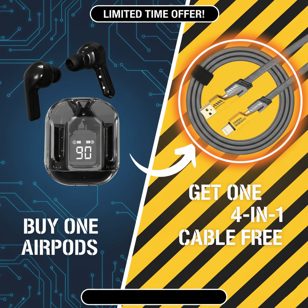     			Tws Ultrapods display bluetooth, Earbuds Pro + 4 in 1 data fast cable ,  Bluetooth Headphone + 4 in 1 charging cable