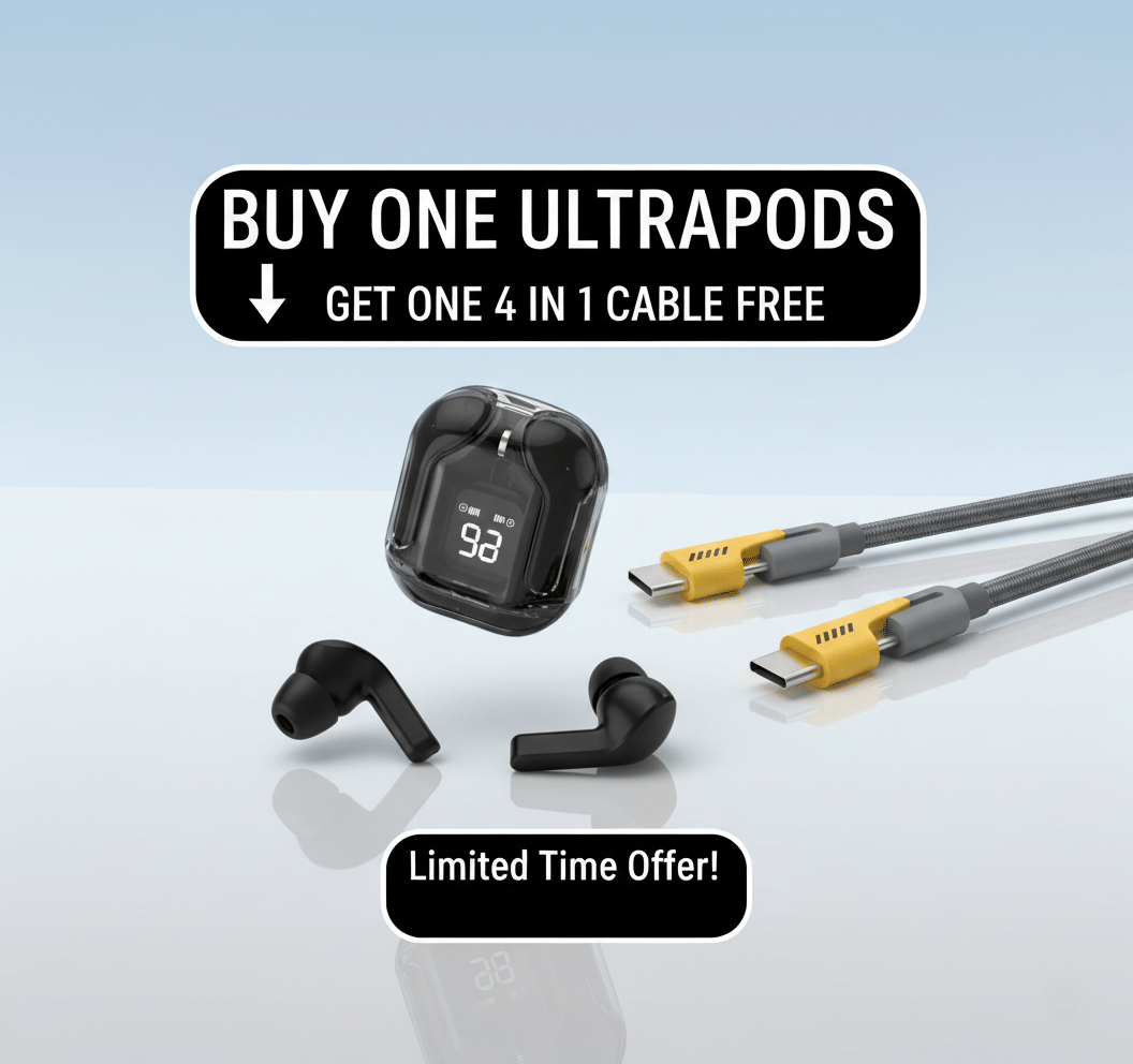     			Tws Ultrapods display bluetooth, Earbuds Pro + 4 in 1 data fast cable ,  Bluetooth Headphone + 4 in 1 charging cable