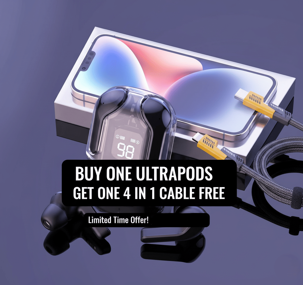     			Tws Ultrapods display bluetooth, Earbuds Pro + 4 in 1 data fast cable ,  Bluetooth Headphone + 4 in 1 charging cable