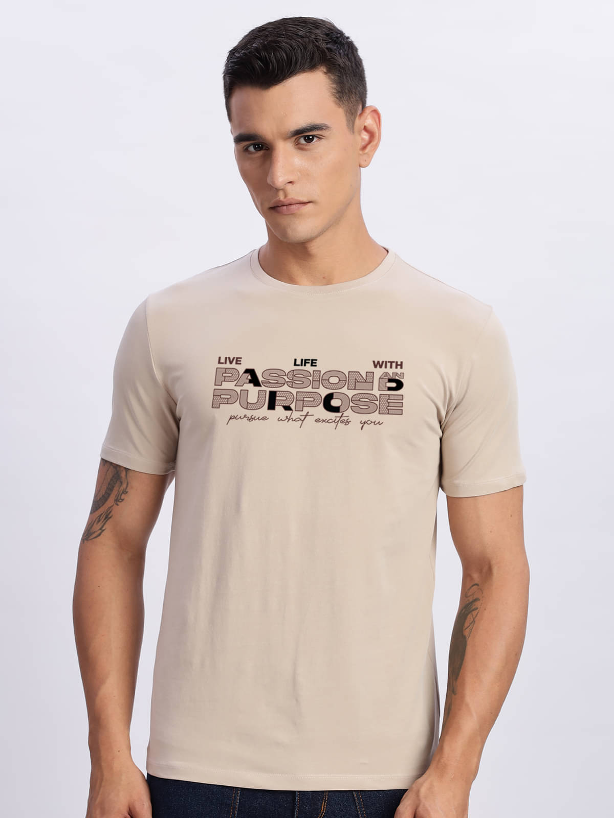     			Adro Men Cotton Blend Regular Fit Printed T-Shirt ( Beige )
