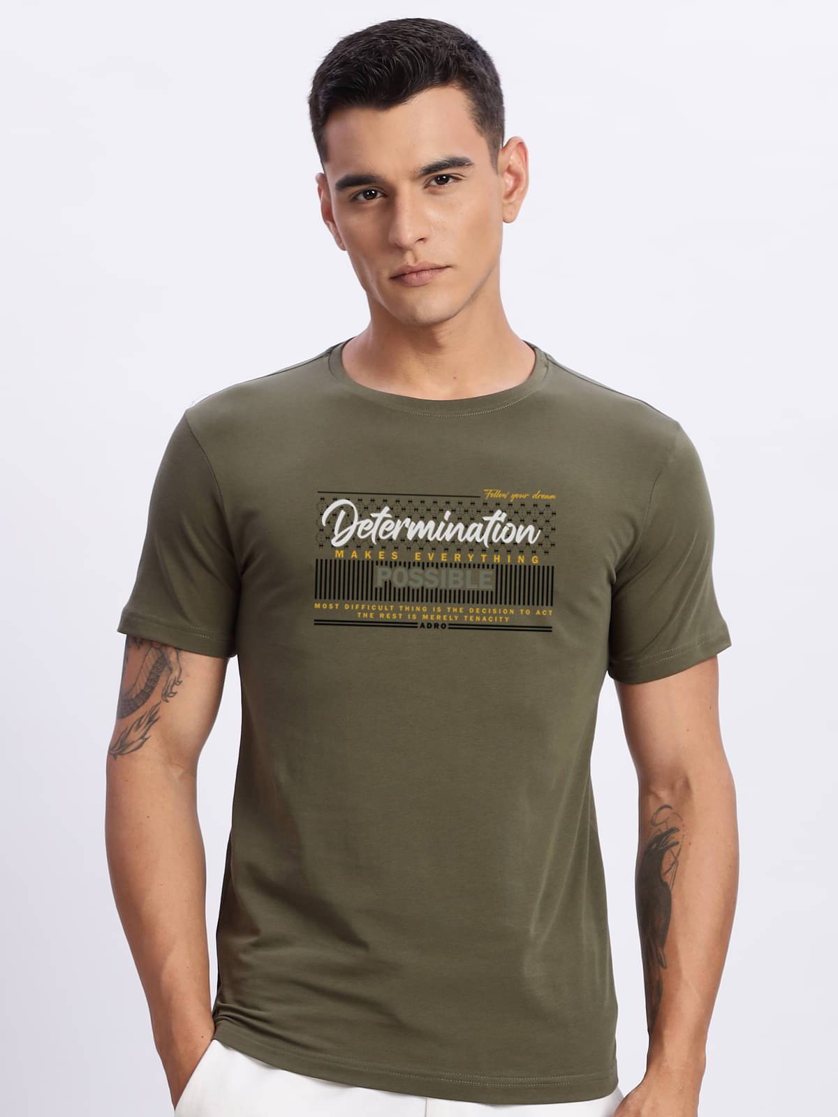     			Adro Men Cotton Blend Regular Fit Printed T-Shirt ( Olive )