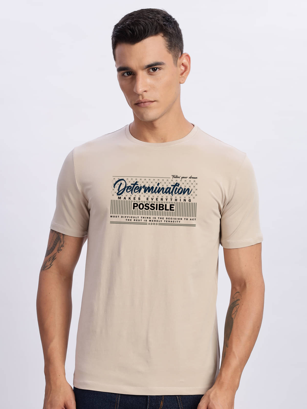Adro Men Cotton Blend Regular Fit Printed T-Shirt ( Beige ) Adro Men Cotton Blend Regular Fit Printed T-Shirt ( Beige )