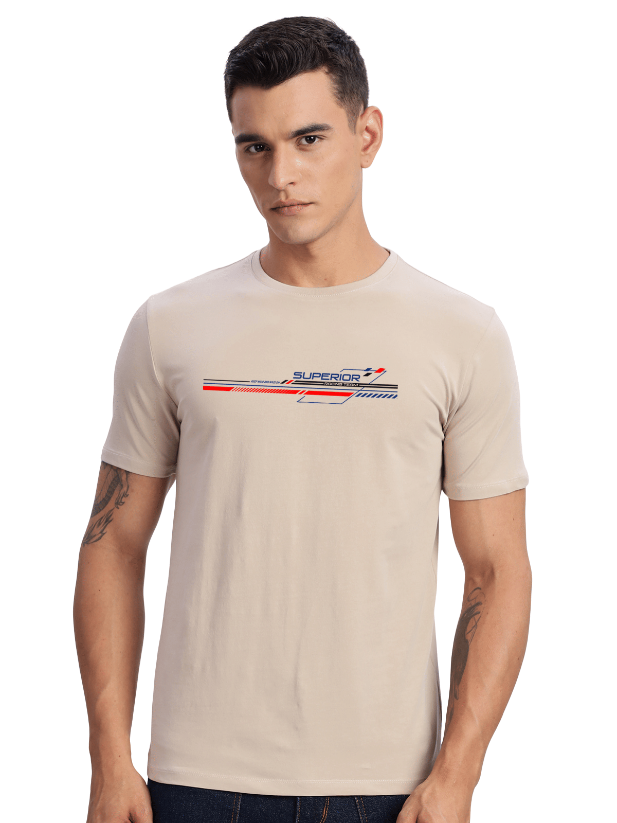 Adro Men Cotton Blend Regular Fit Printed T-Shirt ( Beige ) Adro Men Cotton Blend Regular Fit Printed T-Shirt ( Beige )