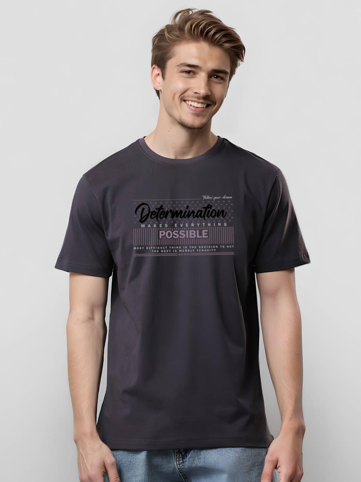 Adro Men Cotton Blend Regular Fit Printed T-Shirt ( Dark Grey )     			Adro Men Cotton Blend Regular Fit Printed T-Shirt ( Dark Grey )