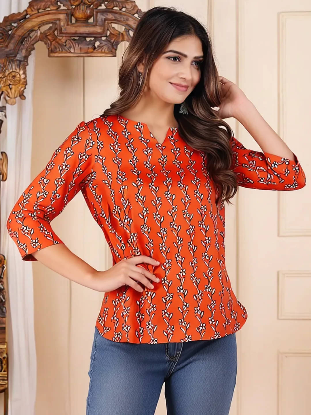 1 Stop Fashion Women Cotton Blend Printed Kurti ( Orange ) 1 Stop Fashion Women Cotton Blend Printed Kurti ( Orange )