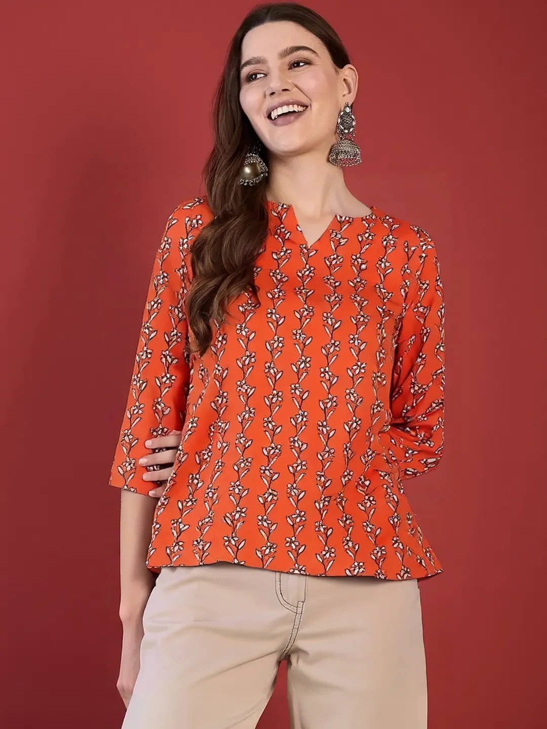 1 Stop Fashion Women Cotton Blend Printed Kurti ( Orange ) 1 Stop Fashion Women Cotton Blend Printed Kurti ( Orange )