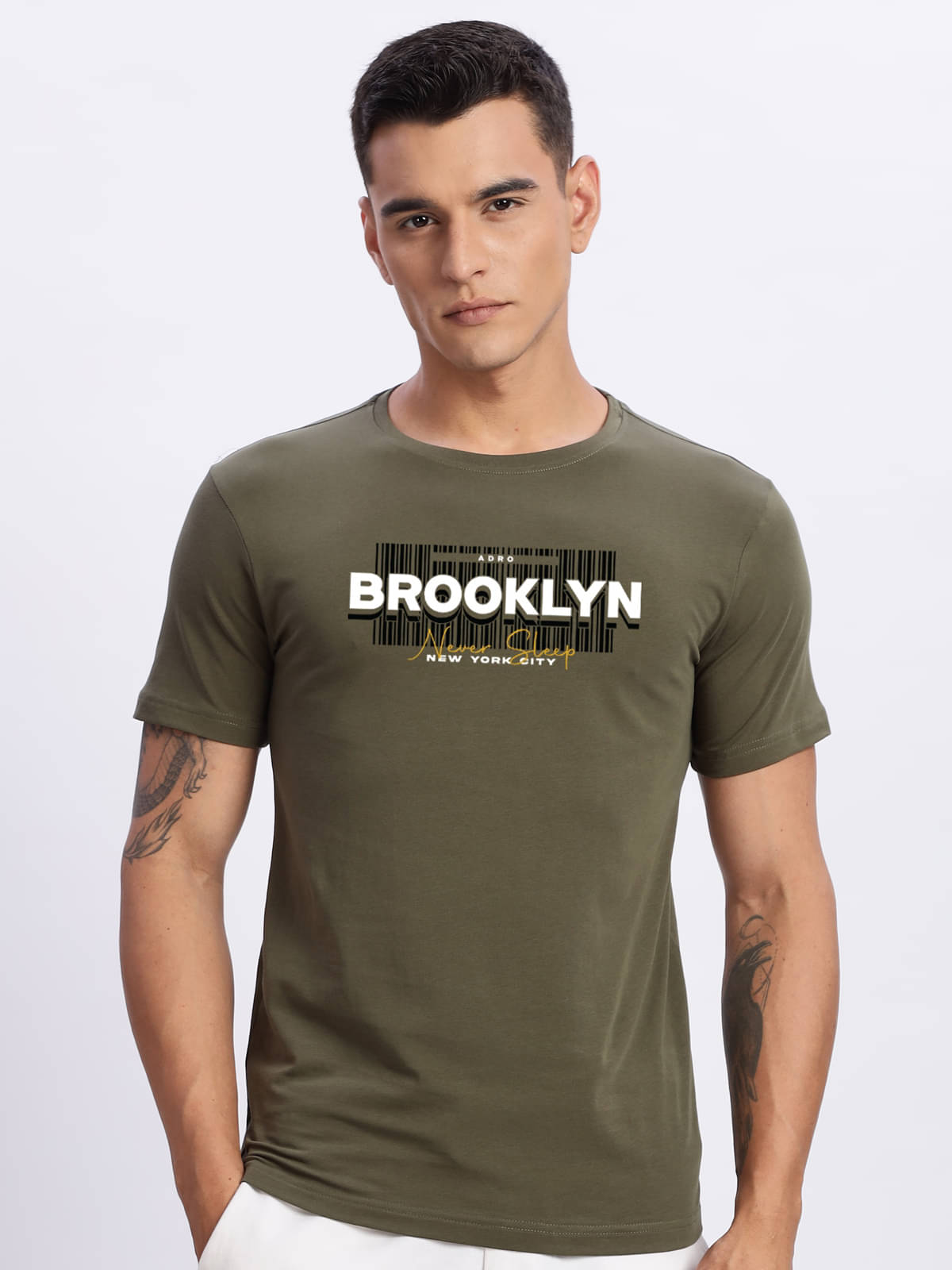     			Adro Men Cotton Blend Regular Fit Printed T-Shirt ( Olive )