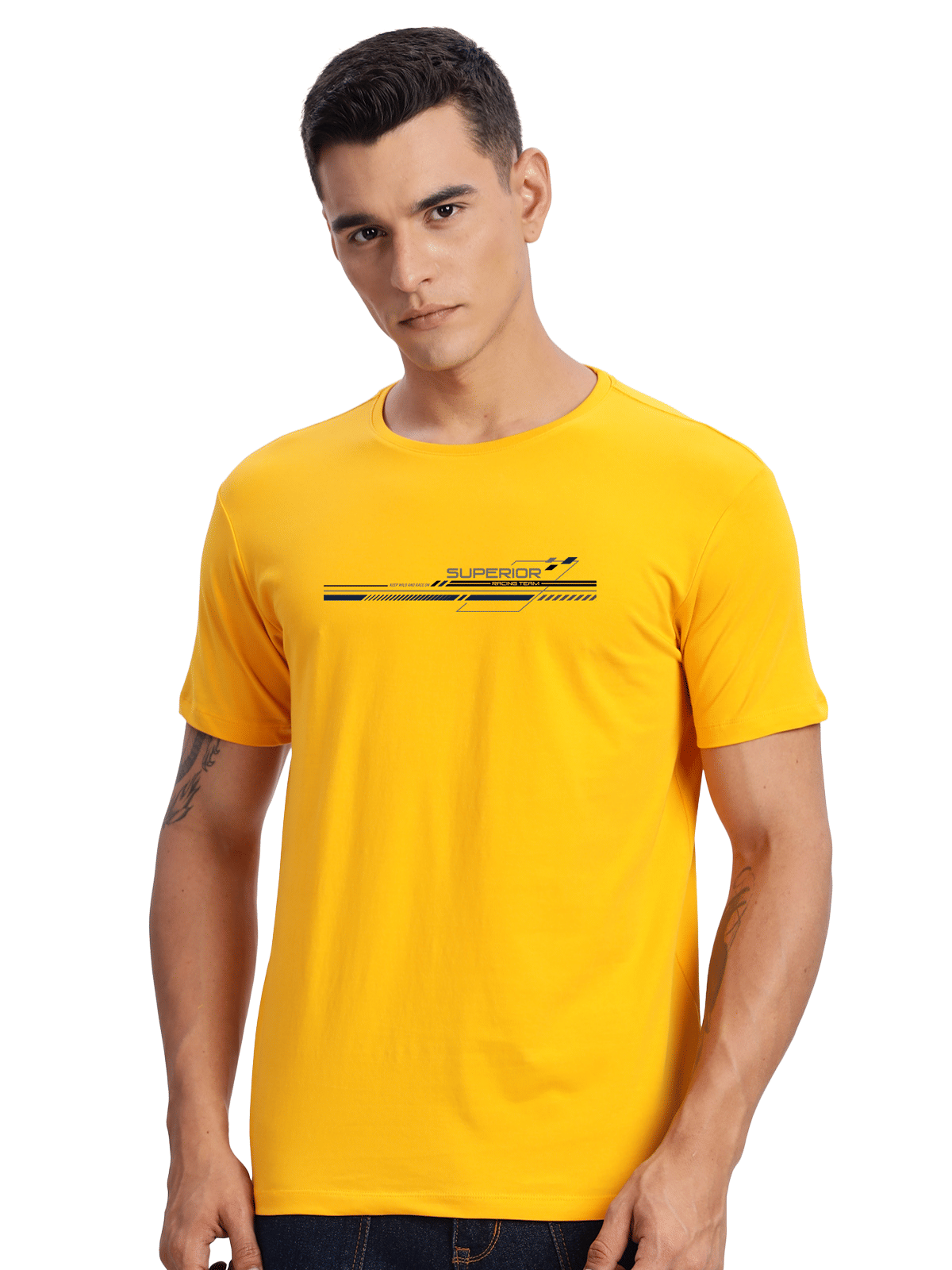 Adro Men Cotton Blend Regular Fit Printed T-Shirt ( Mustard ) Adro Men Cotton Blend Regular Fit Printed T-Shirt ( Mustard )