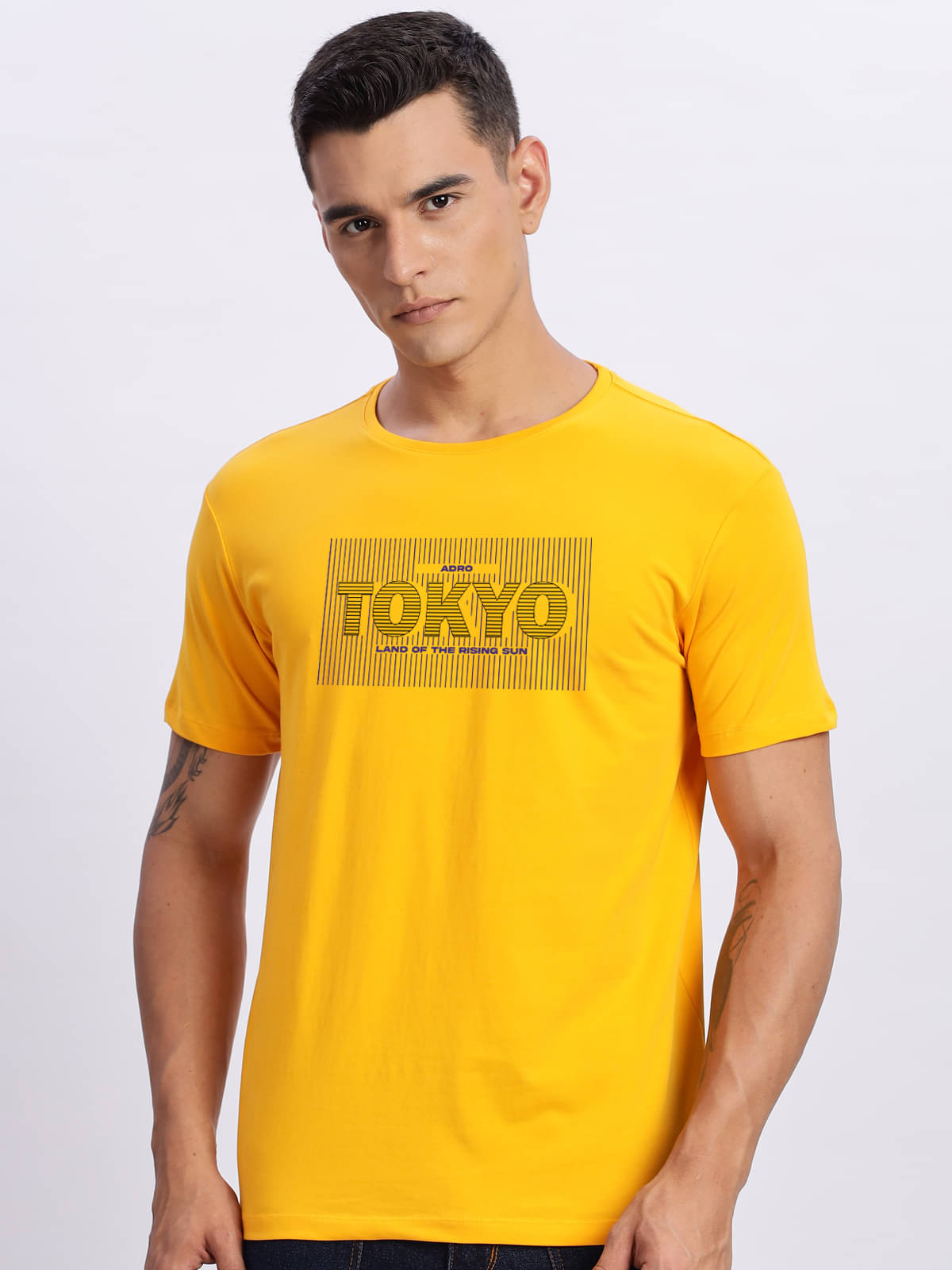 Adro Men Cotton Blend Regular Fit Printed T-Shirt ( Mustard )     			Adro Men Cotton Blend Regular Fit Printed T-Shirt ( Mustard )