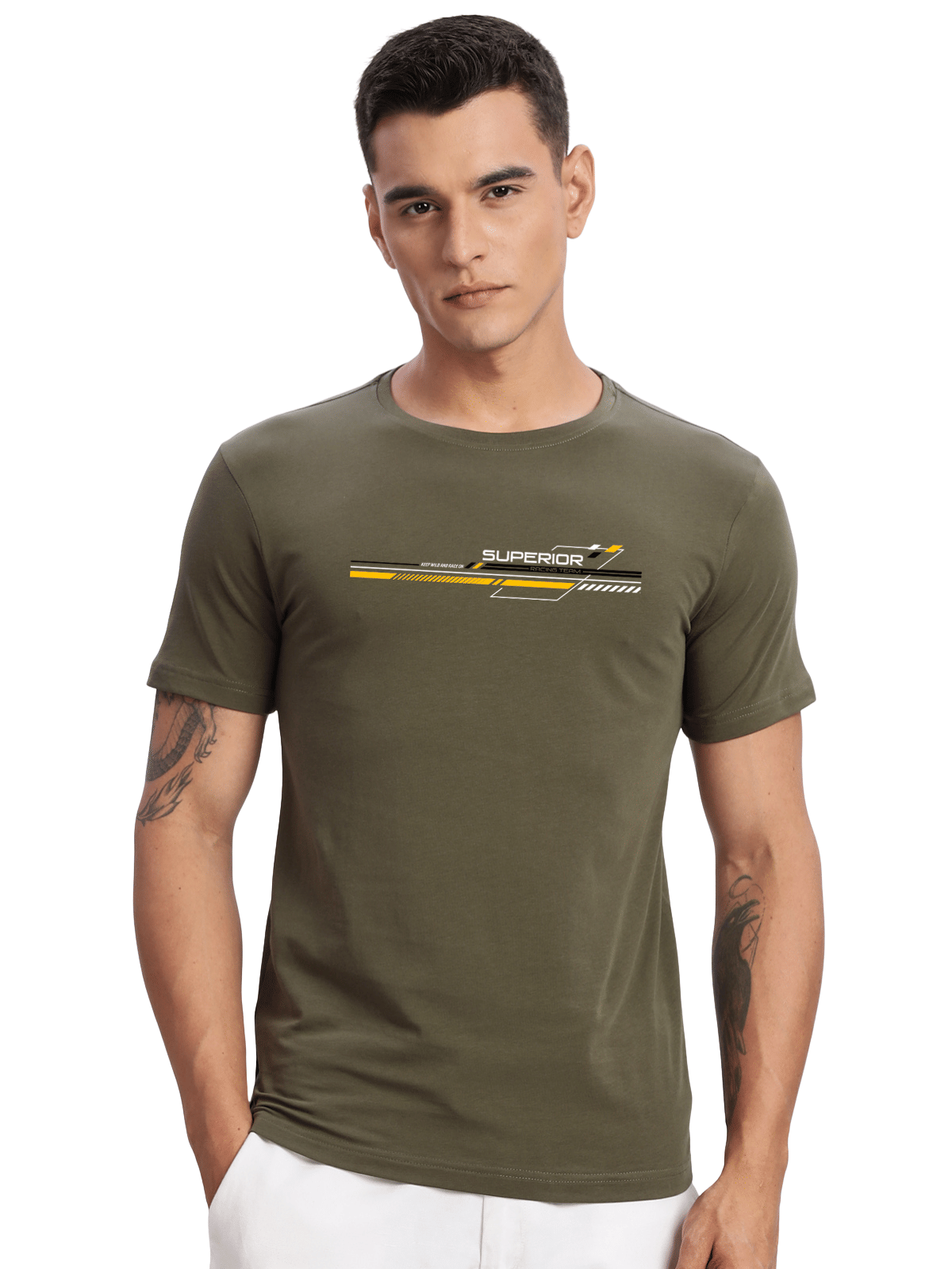 Adro Men Cotton Blend Regular Fit Printed T-Shirt ( Olive ) Adro Men Cotton Blend Regular Fit Printed T-Shirt ( Olive )