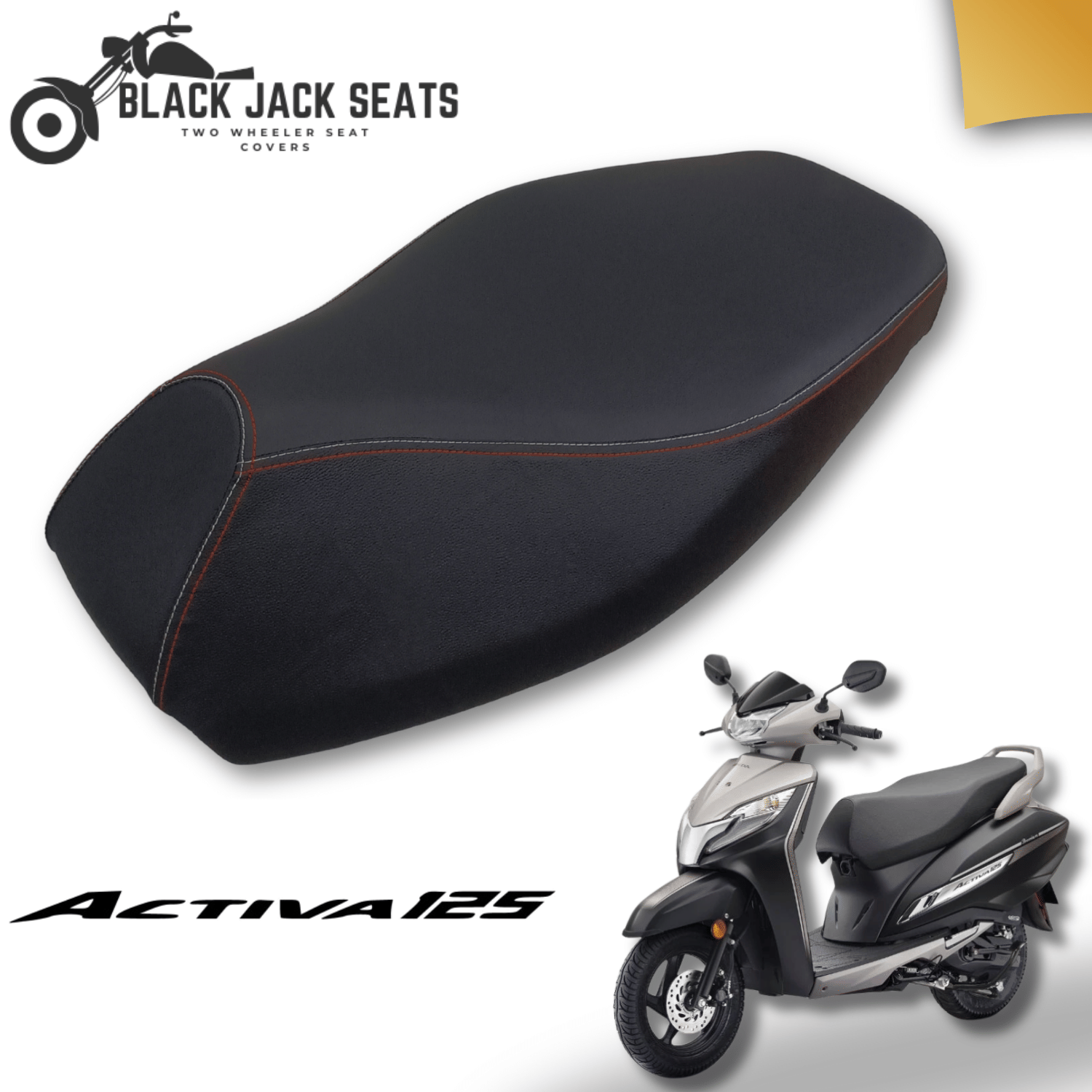 Black Jack Seats Premium Two-Wheeler Seat Cover for Honda Activa 125 | Waterproof, Durable & Stylish Leatherette | Black with Orange & White Stitching     			Black Jack Seats Premium Two-Wheeler Seat Cover for Honda Activa 125 | Waterproof, Durable & Stylish Leatherette | Black with Orange & White Stitching