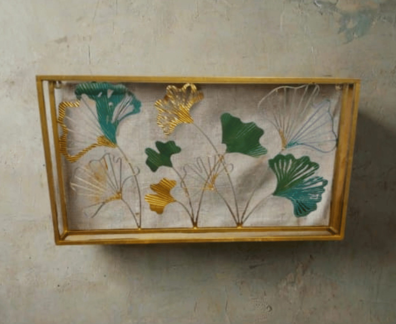     			Decorative Wall Art Frame with Ginkgo Leaf Design, Gold Frame, Pink and Green Leaves