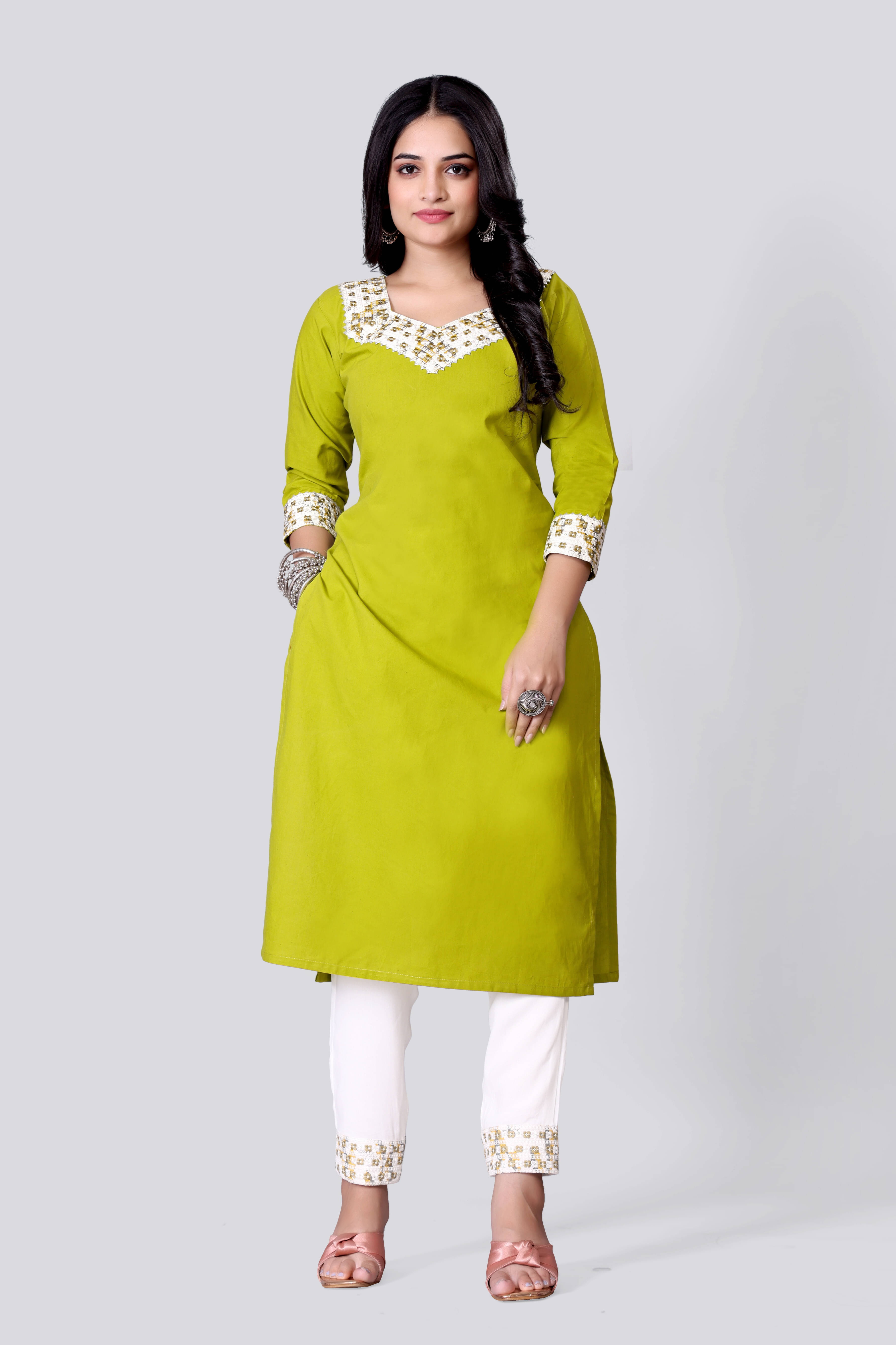     			FULPARI Women Polyester Embroidered A-line Kurti With Pants ( Light Green )