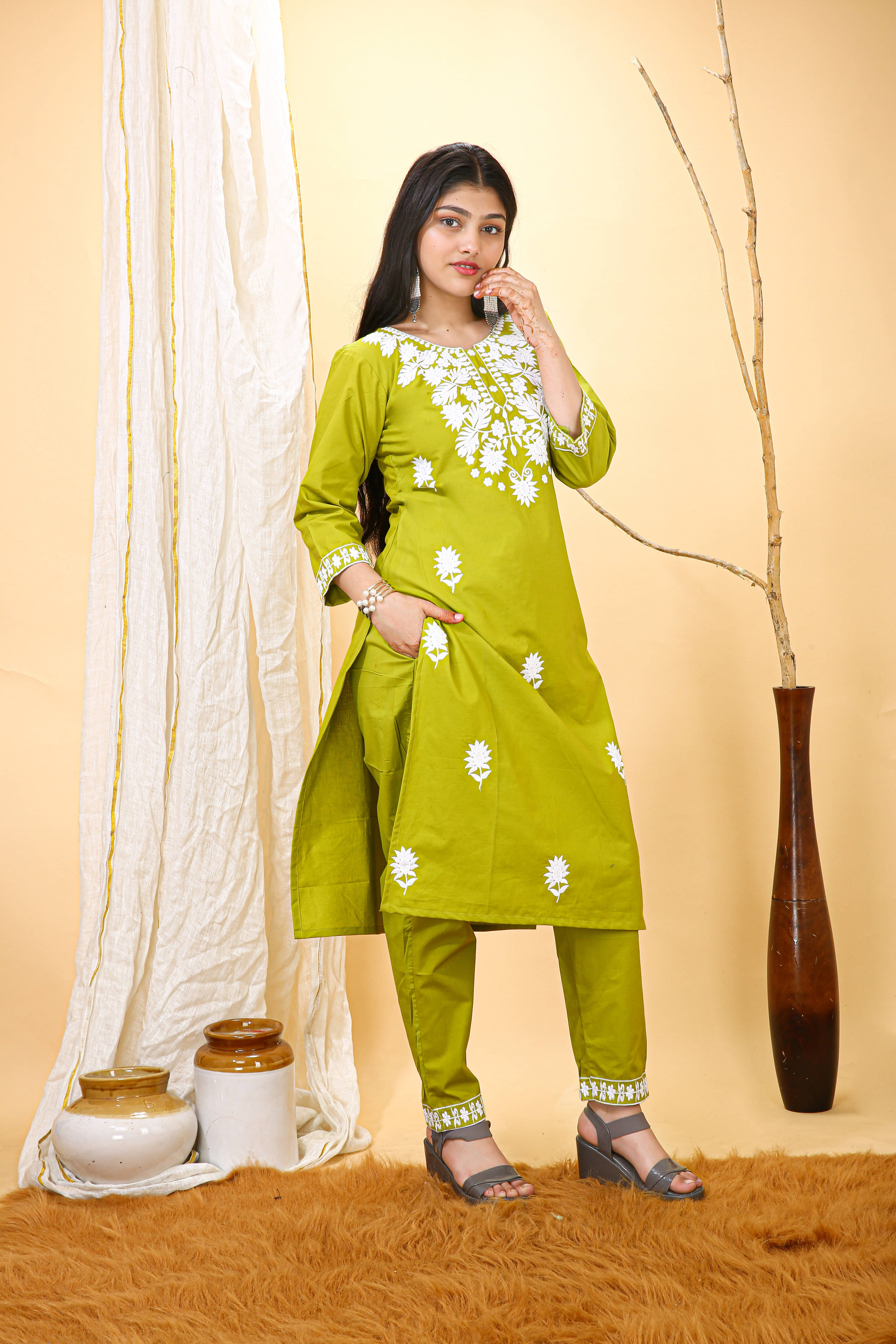     			FULPARI Women Rayon Embroidered A-line Kurti With Pants ( Yellow )
