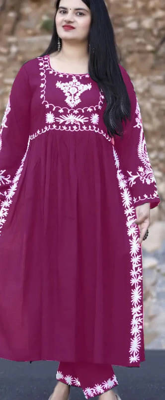     			FULPARI Women Viscose Embroidered A-line Kurti With Pants ( Purple )