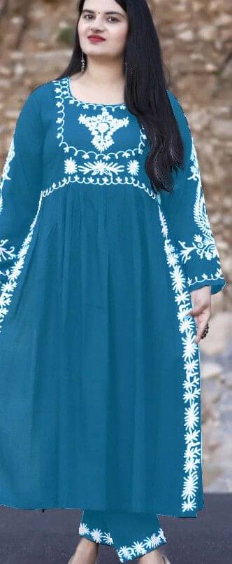     			FULPARI Women Viscose Embroidered A-line Kurti With Pants ( Blue )