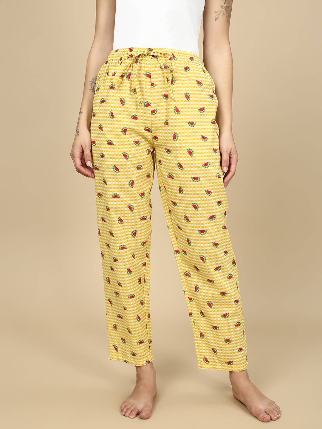     			PYNK Cotton Blend Printed Women Pyjama ( Yellow )