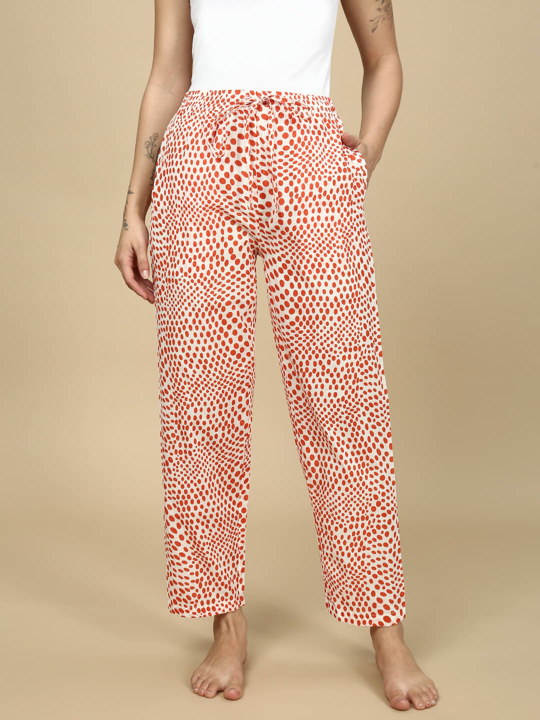     			PYNK Cotton Blend Printed Women Pyjama ( Orange )
