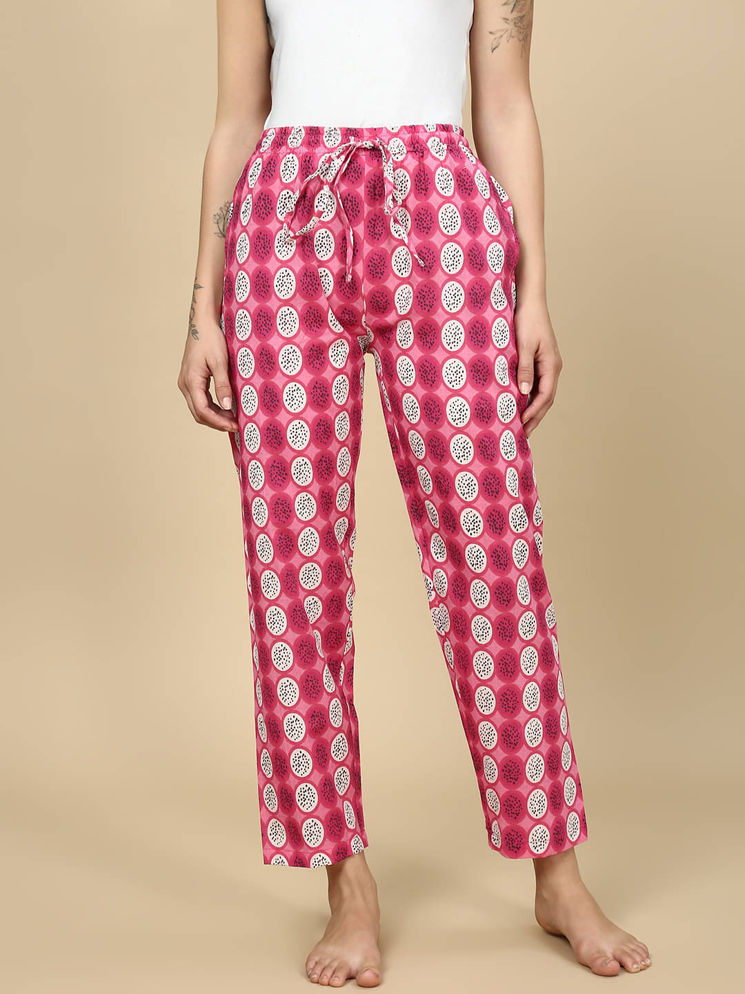     			PYNK Cotton Blend Printed Women Pyjama ( Magenta )