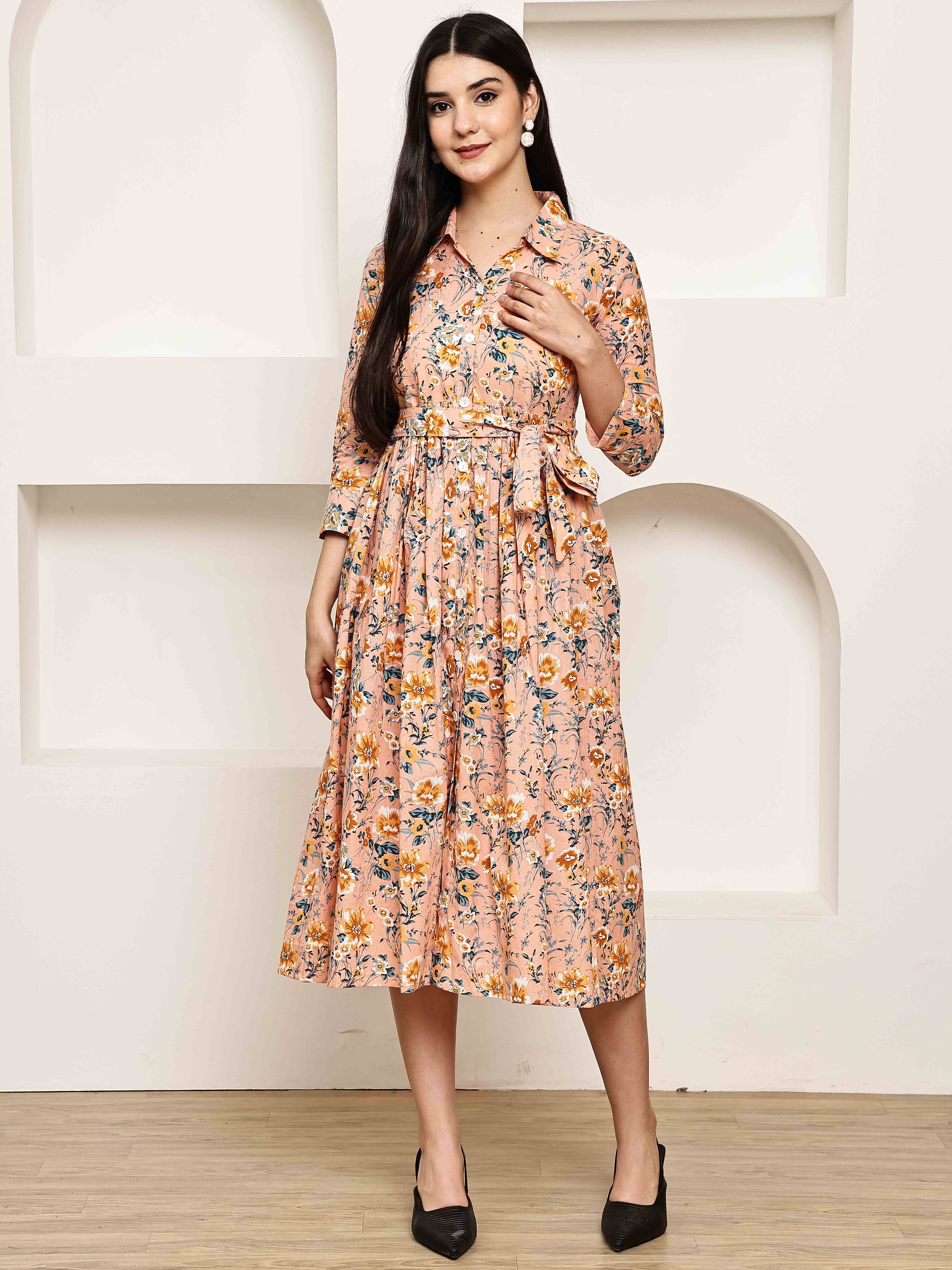 Rajnandini Women Cotton Printed A-line Dress ( Peach ) Rajnandini Women Cotton Printed A-line Dress ( Peach )