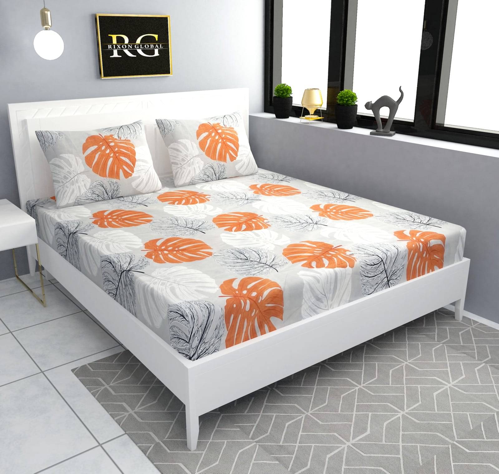     			Sky Tex Cotton Abstract Fitted 1 Bedsheet with 2 Pillow Covers ( King Size ) - Light Grey
