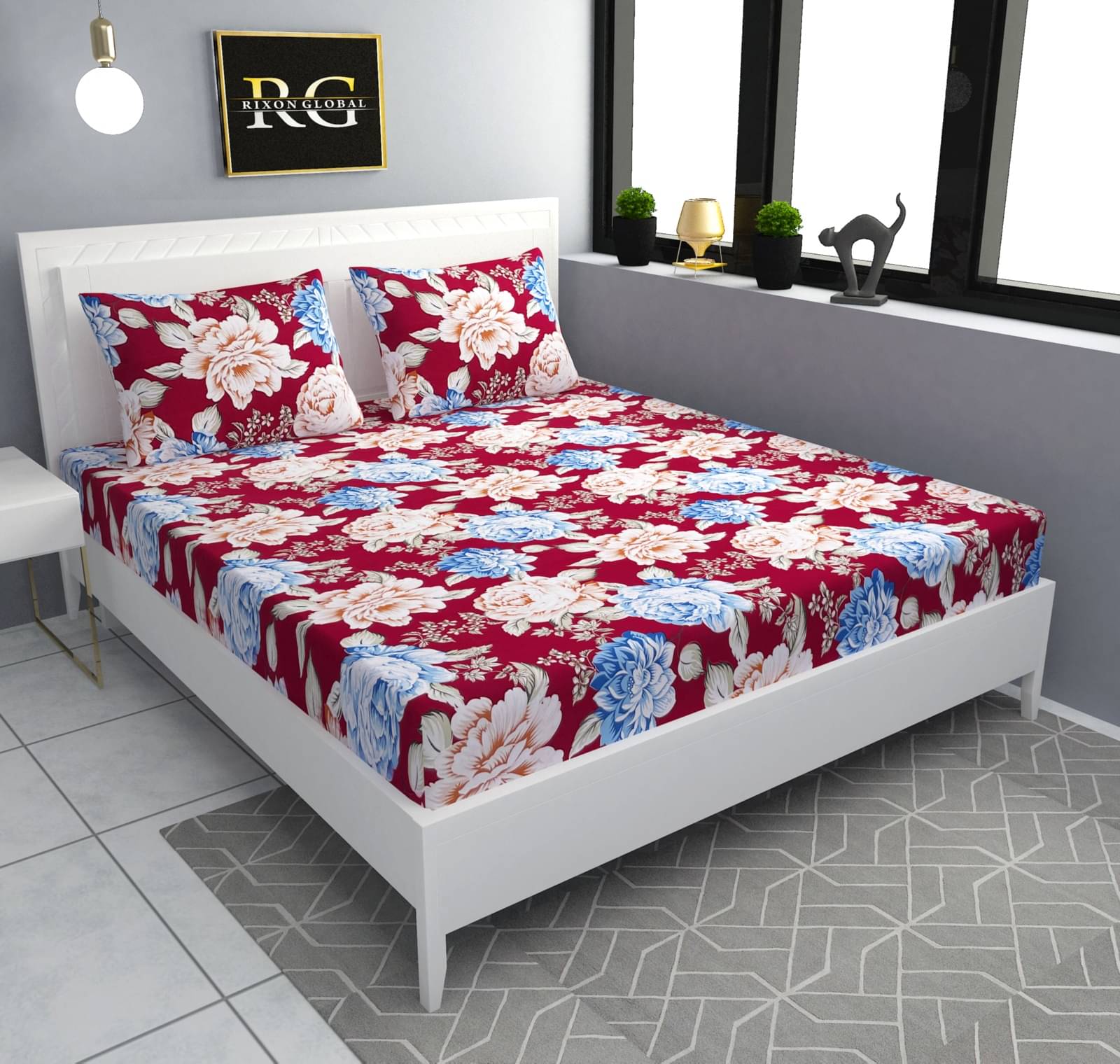     			Sky Tex Cotton Floral Fitted 1 Bedsheet with 2 Pillow Covers ( King Size ) - Maroon