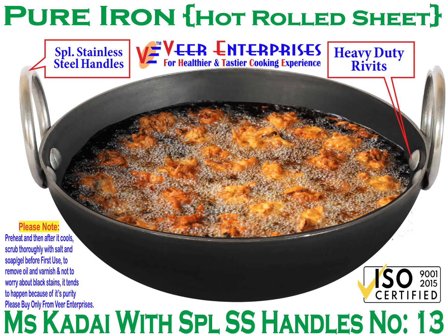Ms Pure Iron/Loha Black Deep Kadai/Wok With Double Sided SS Ring Handles No-13 (Dia-13 Inches, Cap.-4 Litres) - Cookware | Buy online on ZillyBuy