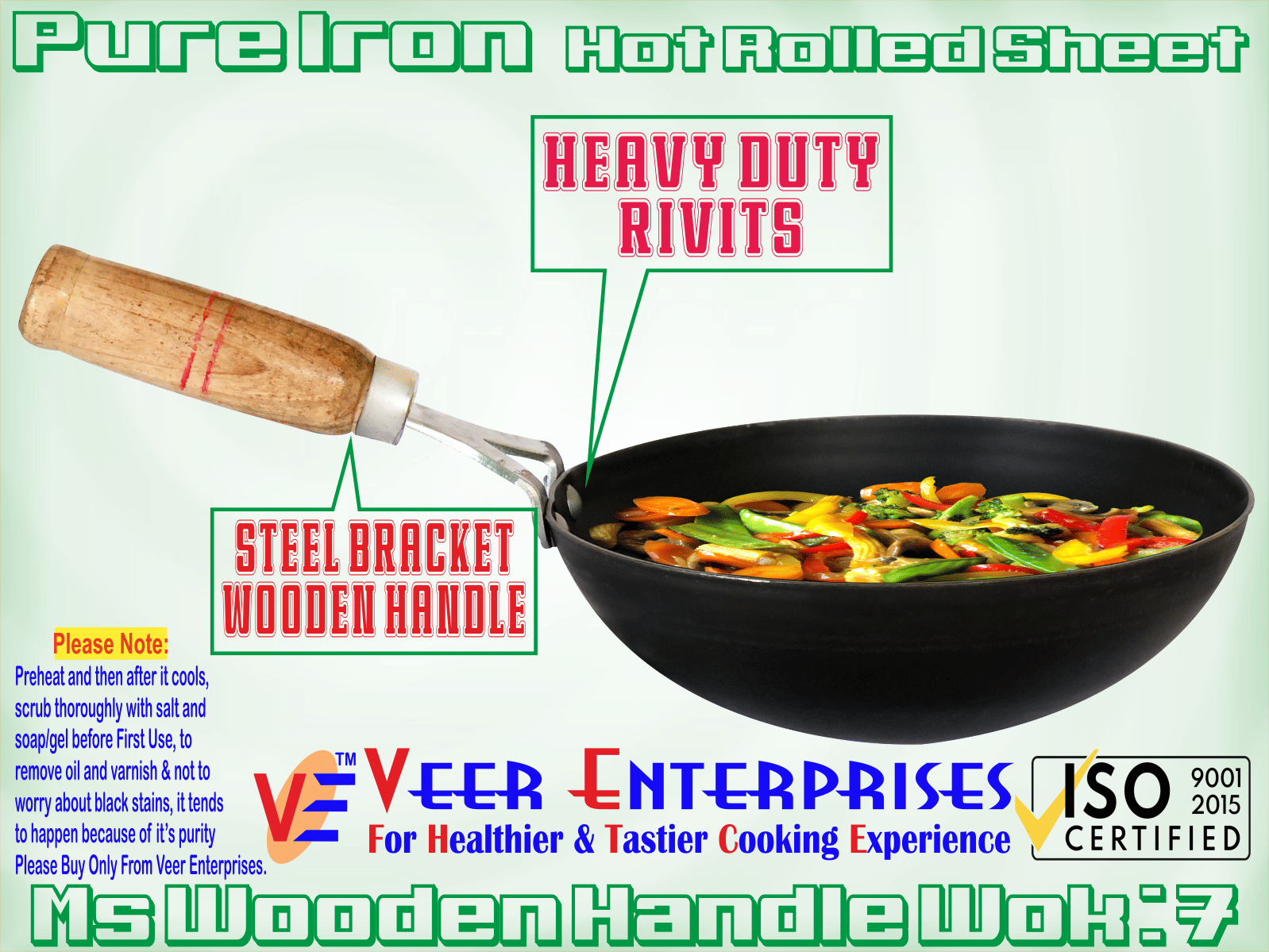     			Veer Kadai Non coated Iron Deep Kadhai Heavy Bottom Wooden Handle 2 mm Thickness 18 cm Diameter ( 0.7 L )