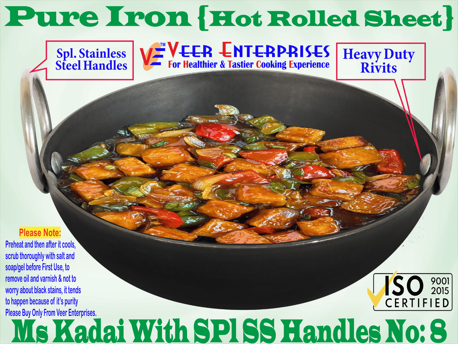     			Veer Kadai Non coated Iron Deep Kadhai Heavy Bottom Stainless Steel Handle 2 mm Thickness 20 cm Diameter ( 1 L )