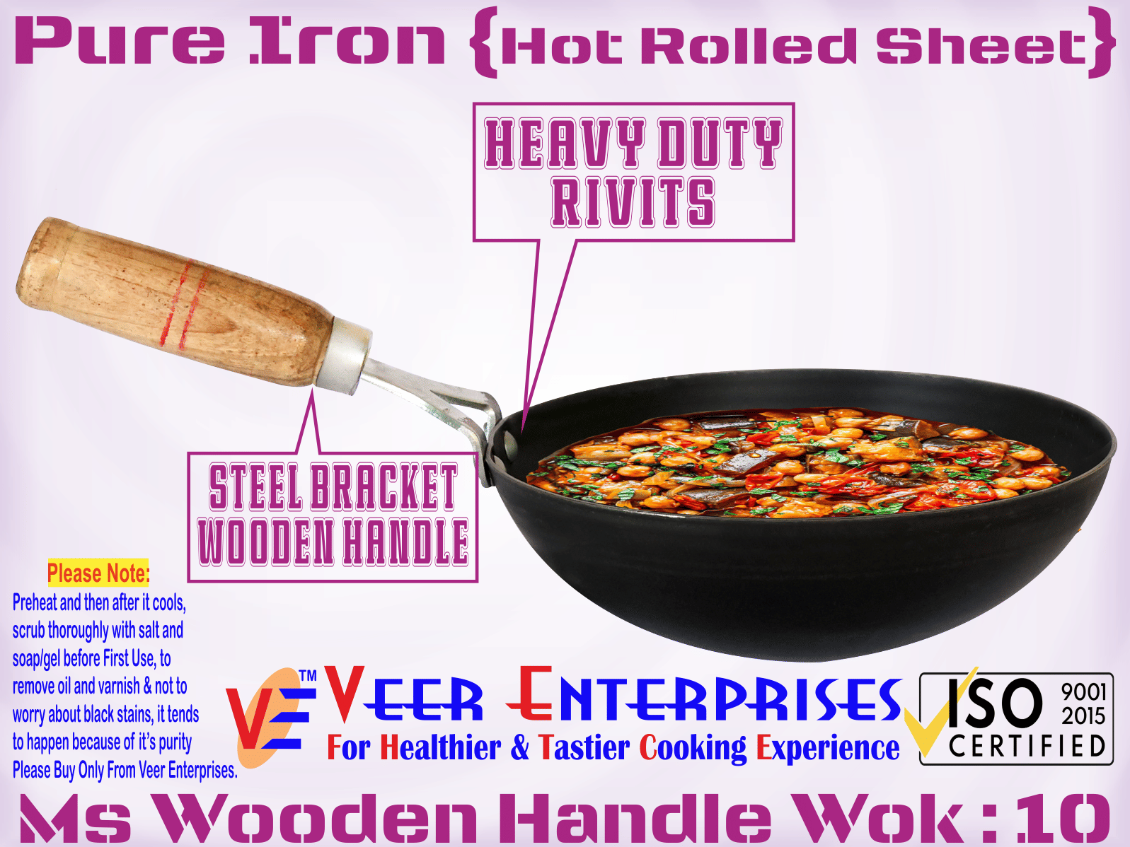 Ms Pure Iron/Loha Black Deep Kadai/Wok With Wooden Handle No-10 (Dia-10 Inches, Cap.-2 Litres) - Cookware | Buy online on ZillyBuy