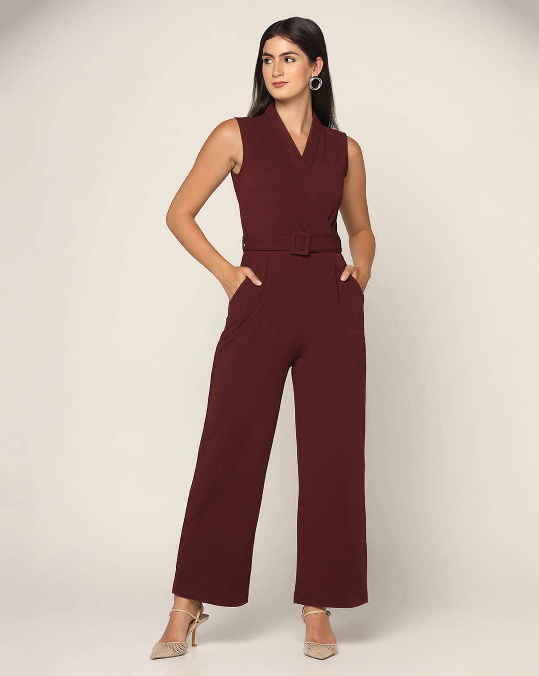     			Zenday Casual Women Solid Crepe Jumpsuit ( Maroon )