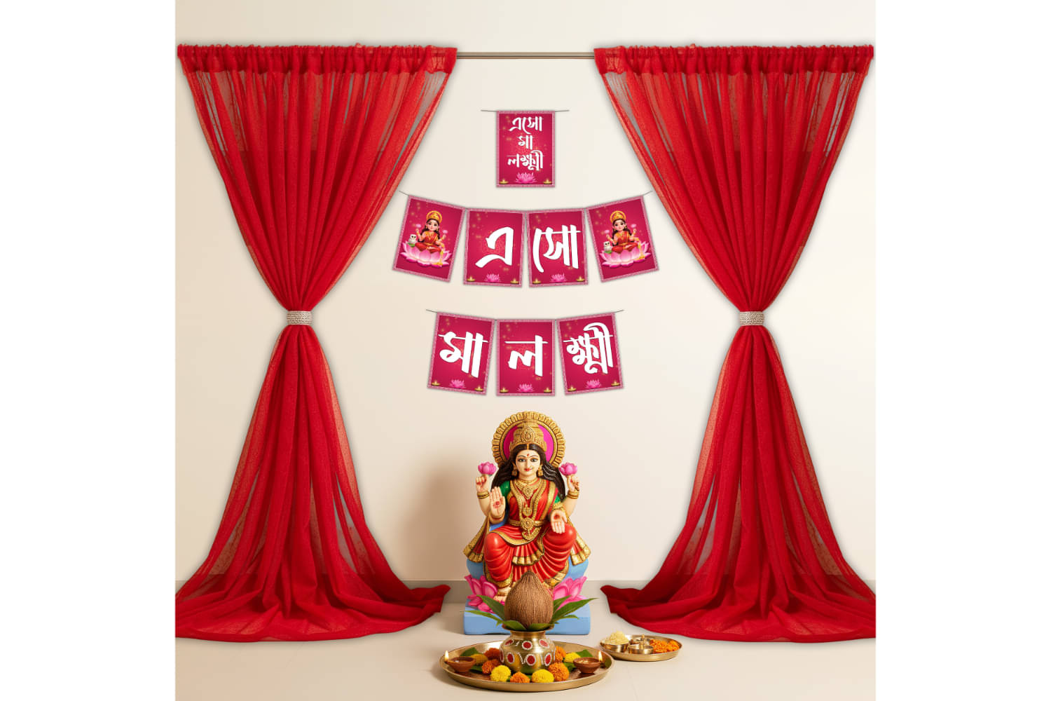     			1iAM Lakshmi Puja Decoration Items Pack of 9 - Bengali "Esho Maa Lokkhi" Paper Banner, Red Decoration Net, Gummy Hooks & Ribbon For Home, Office, Pandal, Shop & Temple | Traditional Festive Puja Set