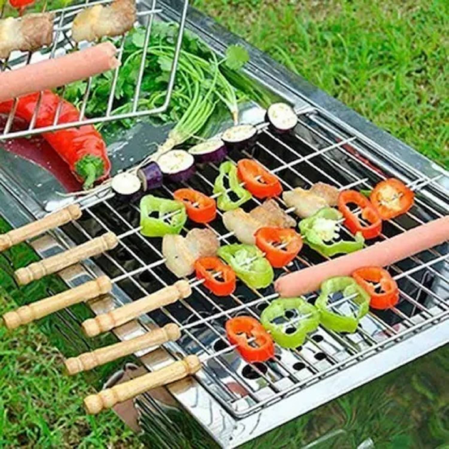 Barbecue Sticks Skewers with Wooden Handle Very Thick and Strong Rods Stainless Steelfor BBQ Tandoor/Tikka/Kabab, Stainless Steel Stick with Wooden Handle - Pack of 12     			Barbecue Sticks Skewers with Wooden Handle Very Thick and Strong Rods Stainless Steelfor BBQ Tandoor/Tikka/Kabab, Stainless Steel Stick with Wooden Handle - Pack of 12