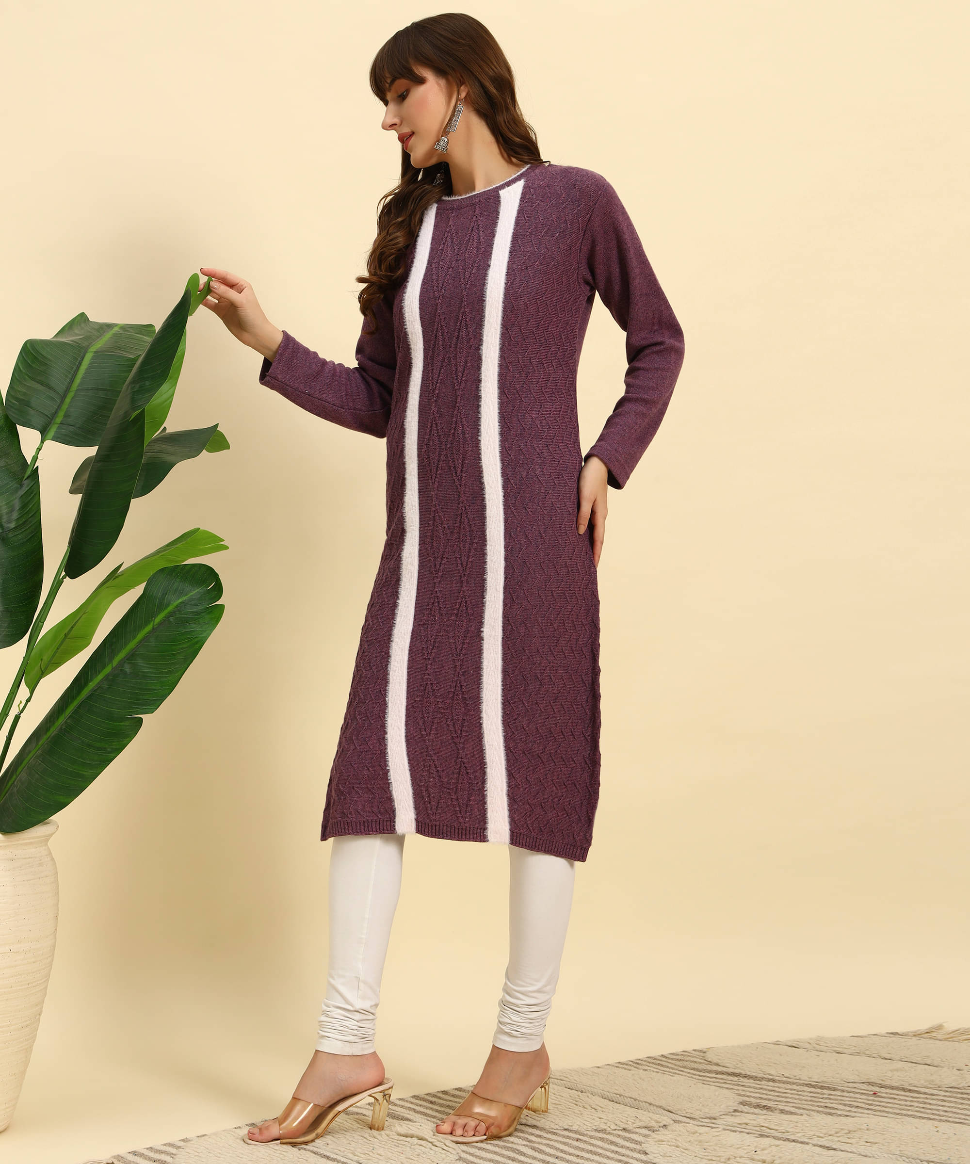     			Canblar Women Woollen Striped Straight Kurti ( Purple )