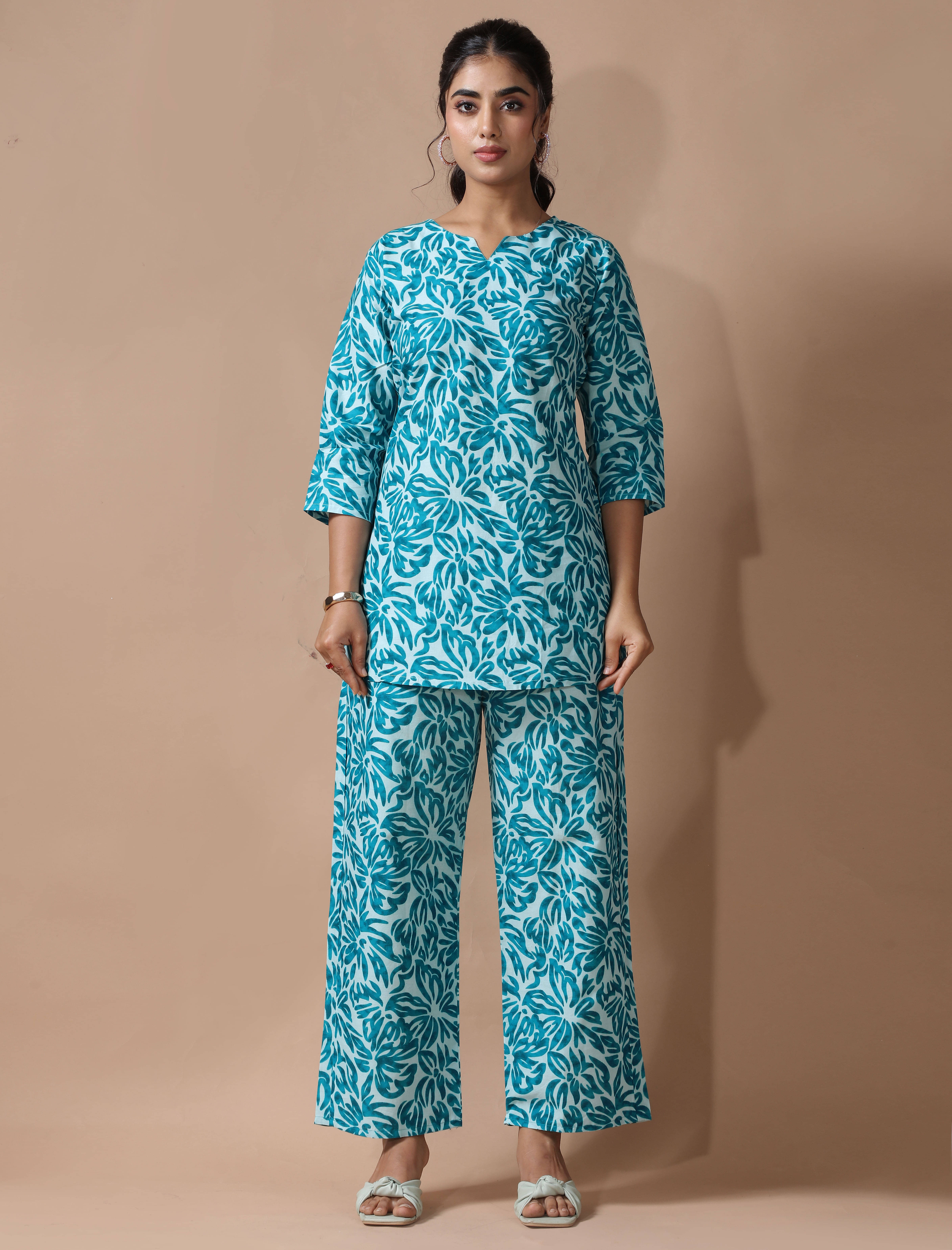     			Ethnic Basket Women Printed Tunic With Palazzos Co-Ord Set ( Blue )