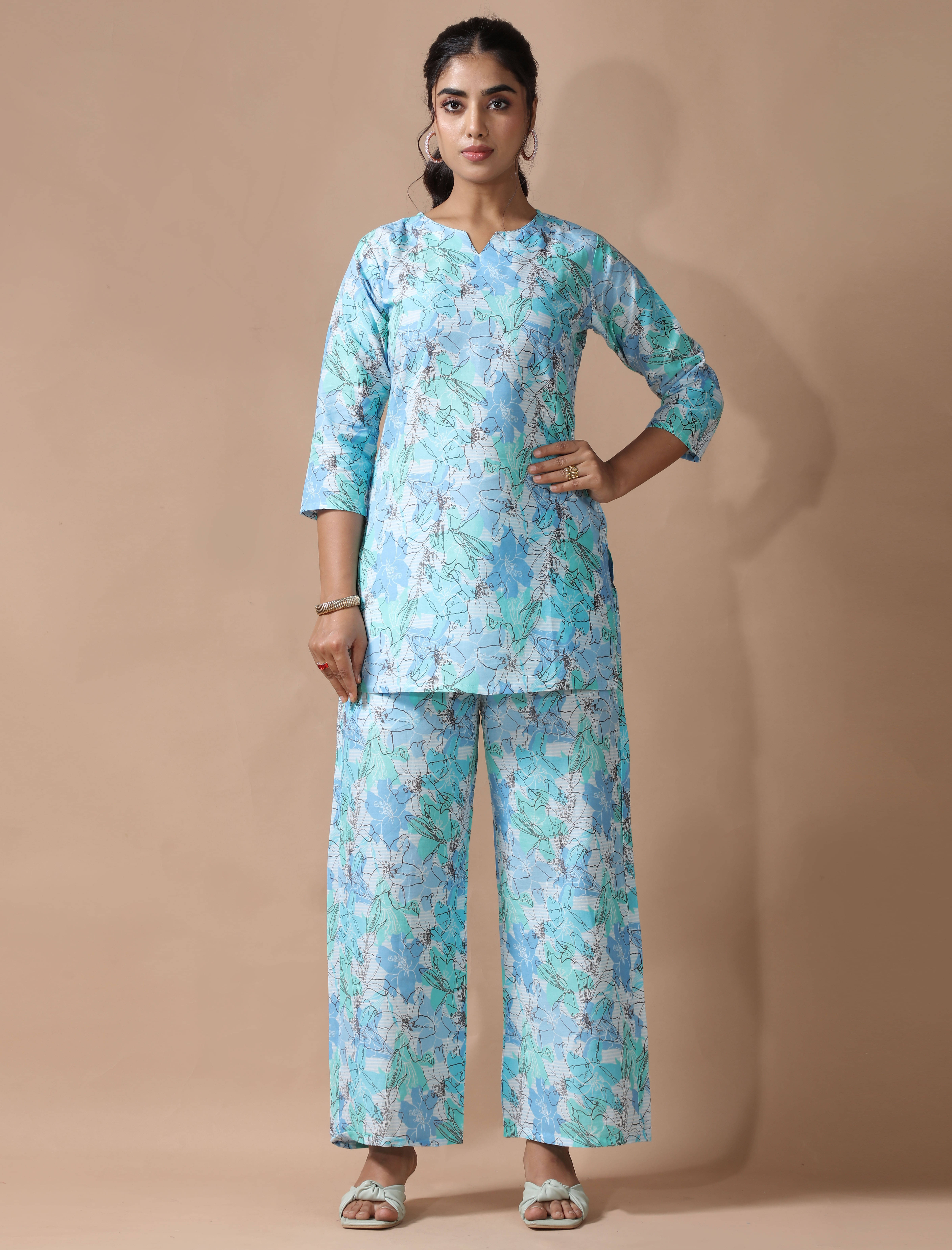     			Ethnic Basket Women Printed Tunic With Palazzos Co-Ord Set ( Light Blue )